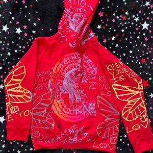 SNOW MILK Custom Screen Printed Red Hoodie Rainbow Unicorn Butterfly M